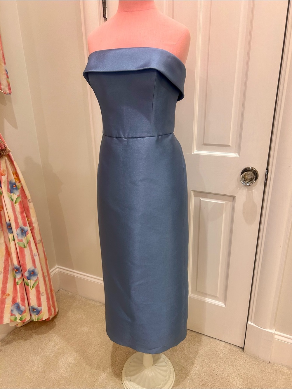AMSALE Mikado Watteau Tea length dress- Blue - removable train